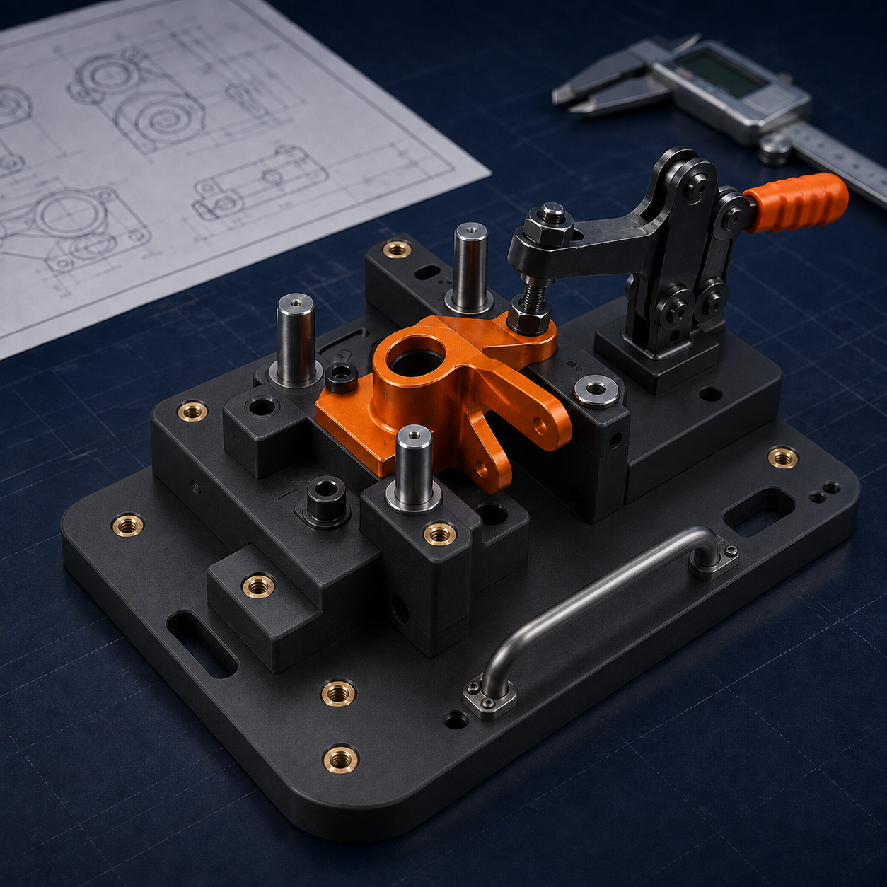 Custom jig and fixture with a toggle clamp holding an orange part
