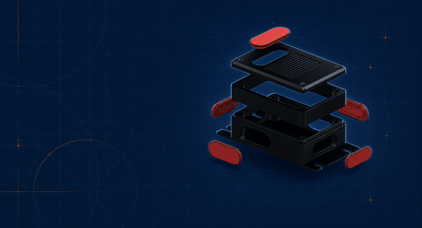Exploded CAD model showing the internal construction and assembly of a custom electronics enclosure