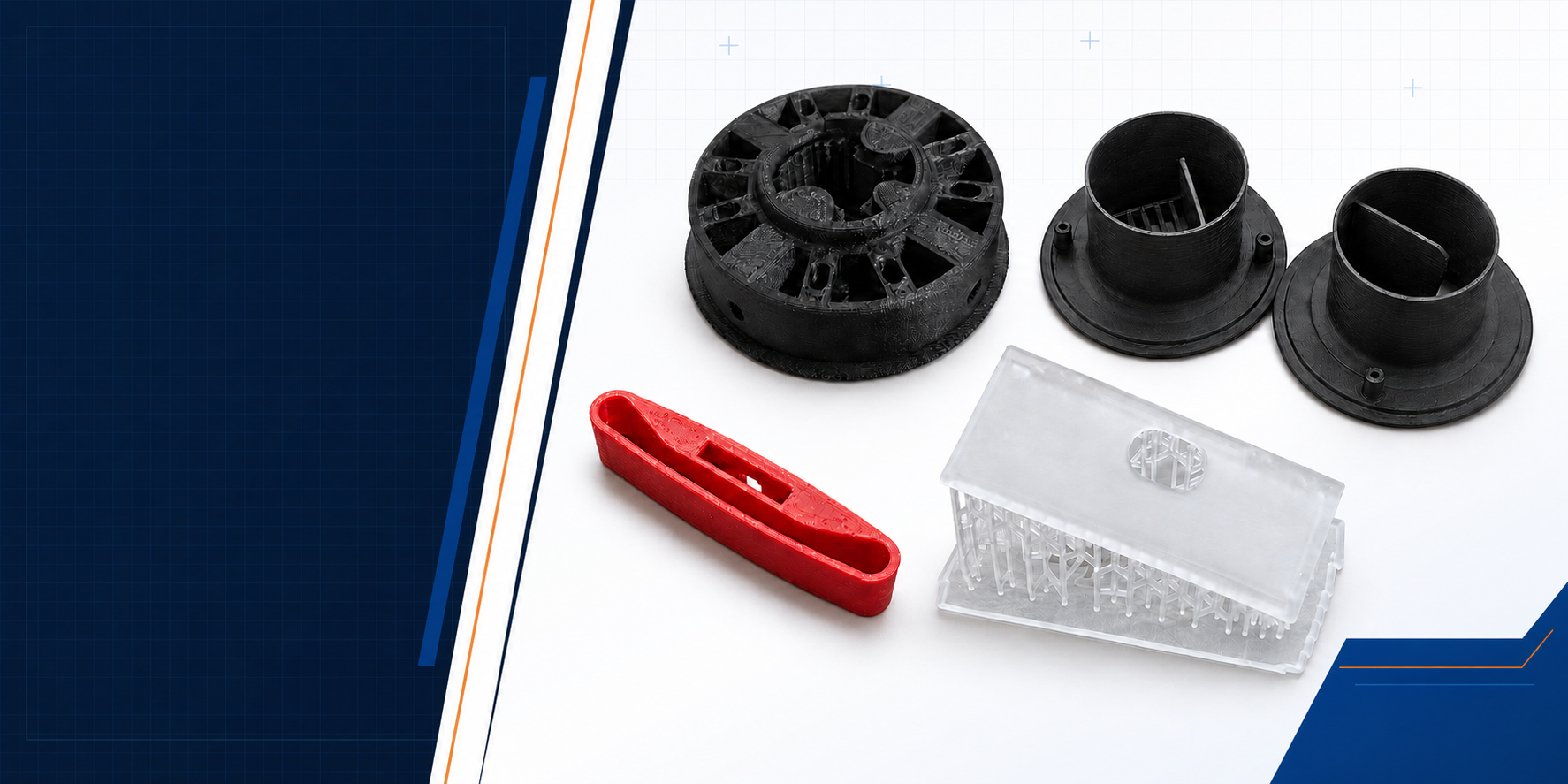A selection of functional FDM and resin printed components in different materials and finishes