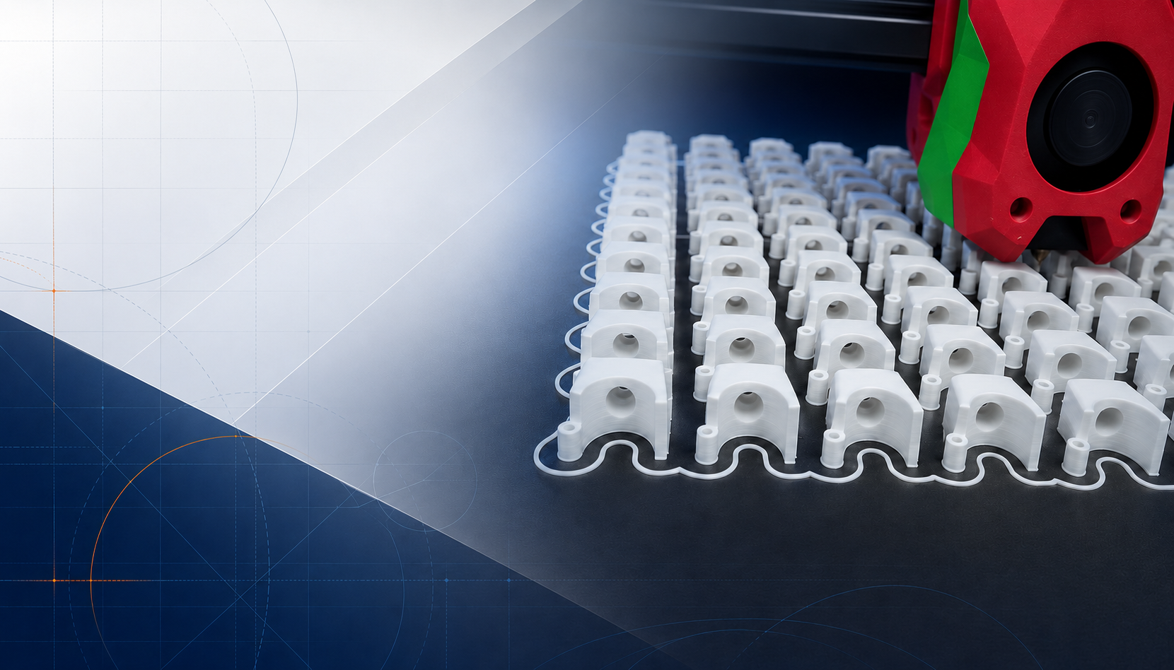 A repeatable batch of functional printed components being produced in rows