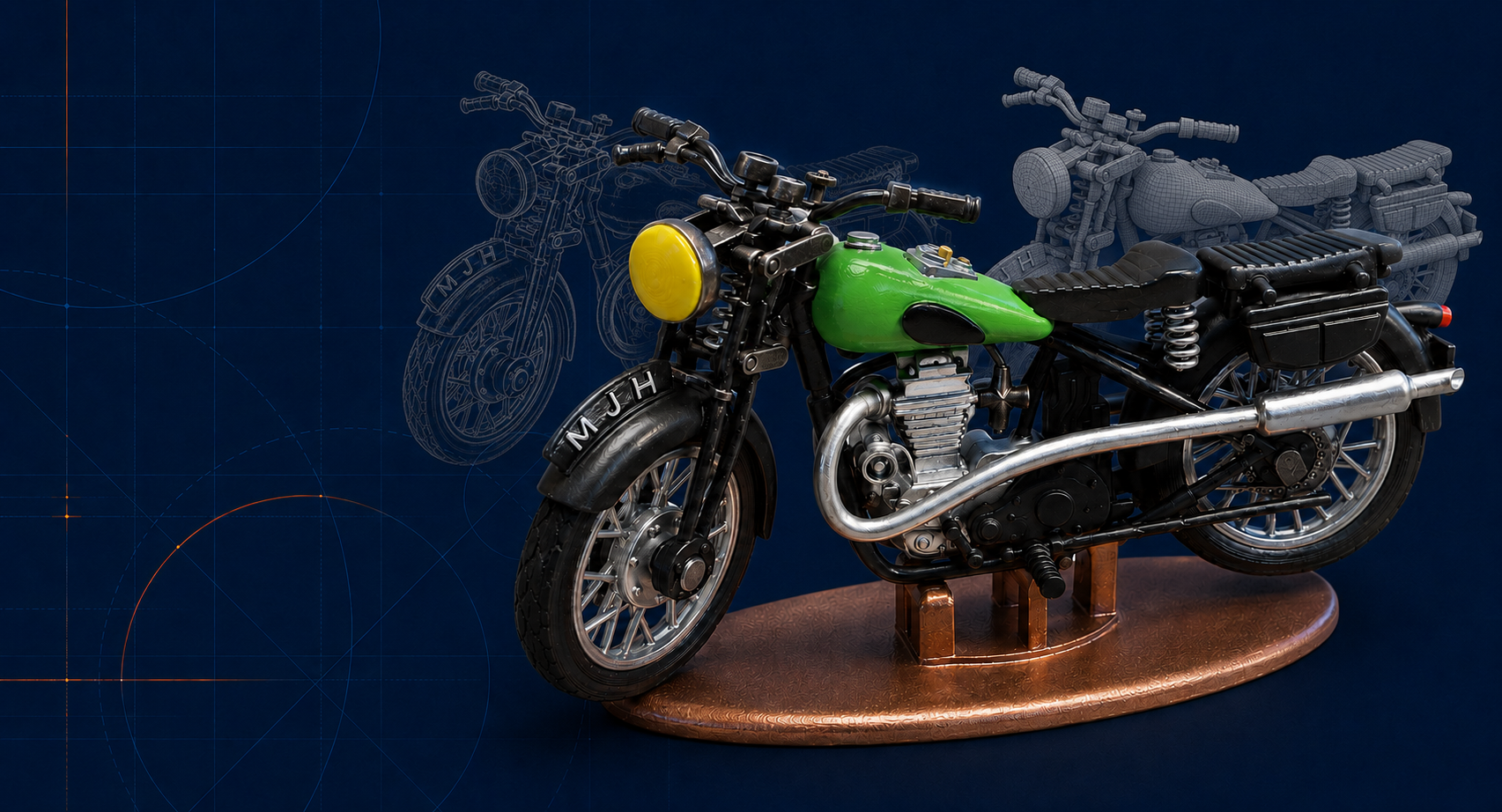Product development progressing from digital concept and prototype geometry to a finished physical model