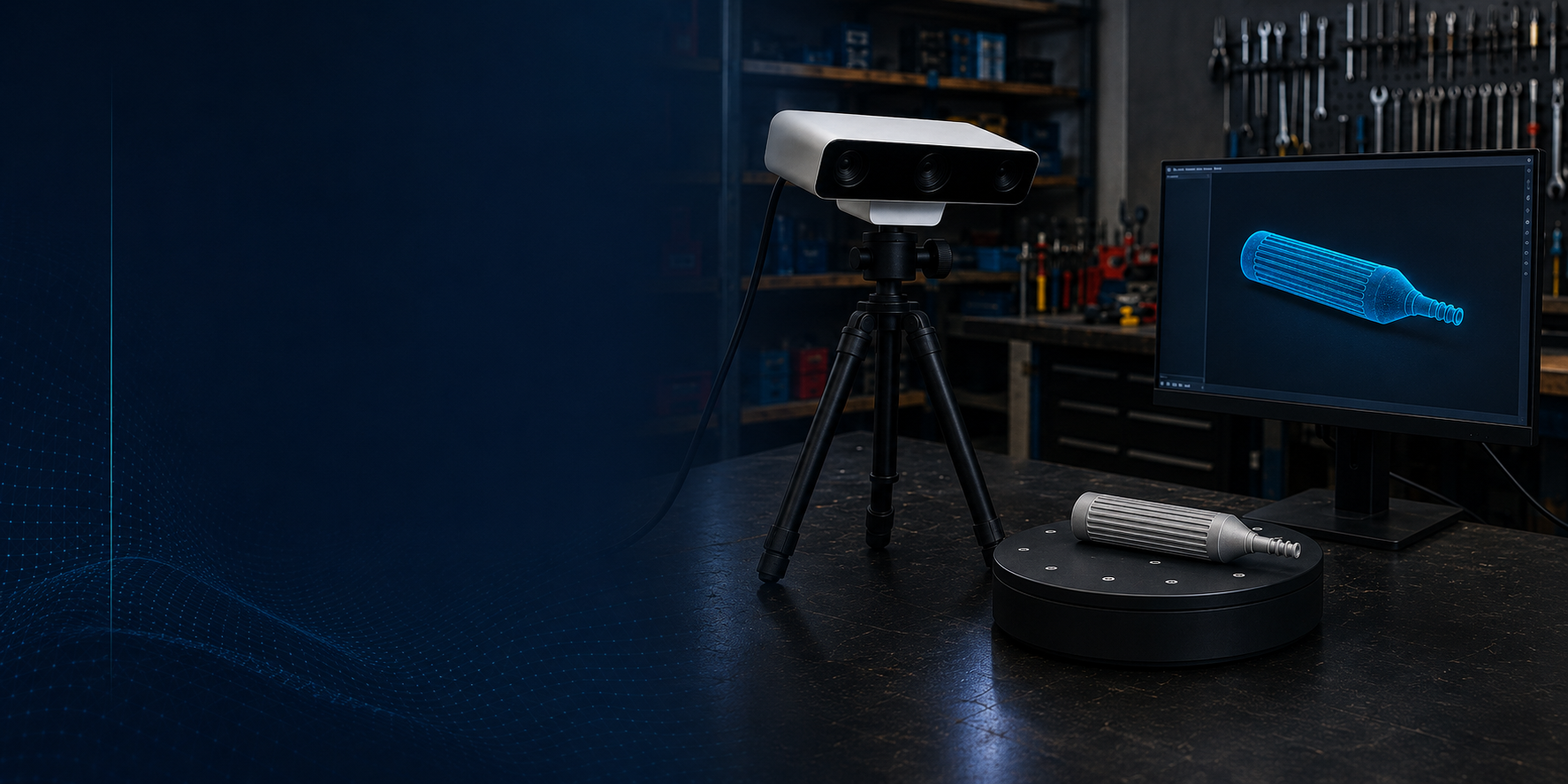 A physical component being captured by a 3D scanner and reconstructed as a digital CAD model
