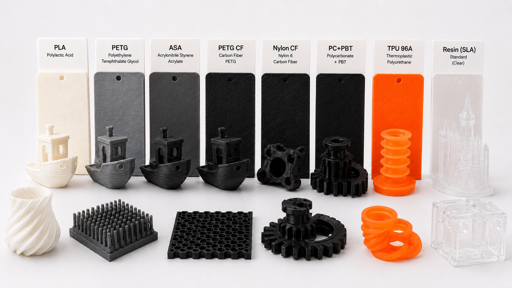 A range of 3D printed material samples